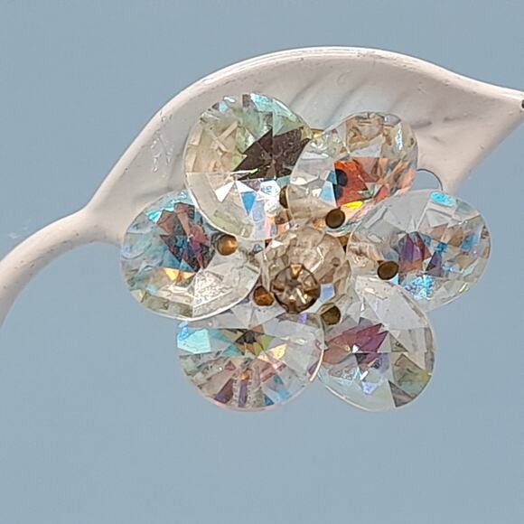 Vintage Aurora Borealis Clip-On Earrings Floral Crystal Beads 1950s Jewelry - Picture 4 of 11